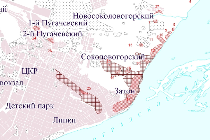 Оползневые территории на фрагменте карты из генплана Саратова