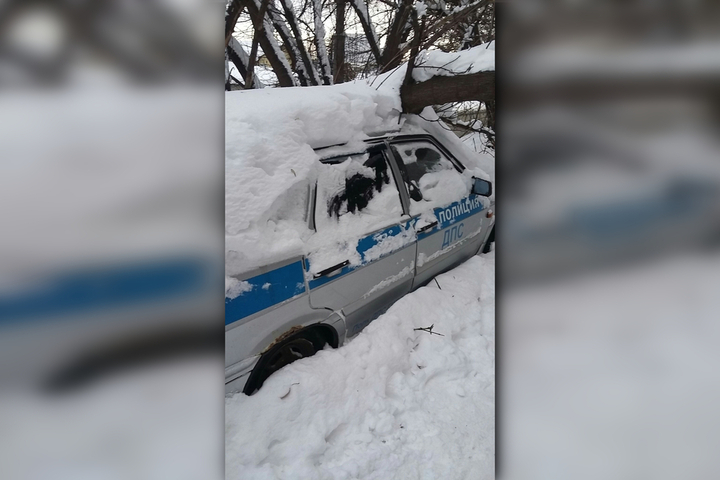 На Тракторной заметили брошенный и заваленный снегом автомобиль ДПС, на который упало дерево