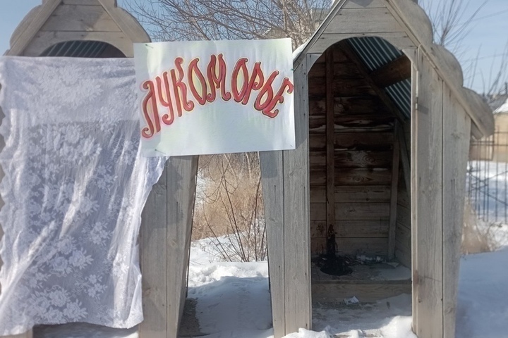 Жители Ершова просят чиновников найти деньги на двери в уличном деревянном туалете парка «Лукоморье». Сейчас только одну из двух кабинок прикрывает прозрачная шторка