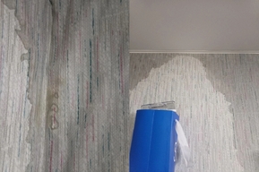 Жительница многострадального дома для переселенцев из аварийного жилья рассказала о протекающем потолке в подъезде и квартире