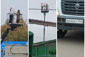 «Девочки на вышке»: жители Саратова засняли, как возле рядов Сенного рынка при помощи муниципальной техники катают трёх женщин